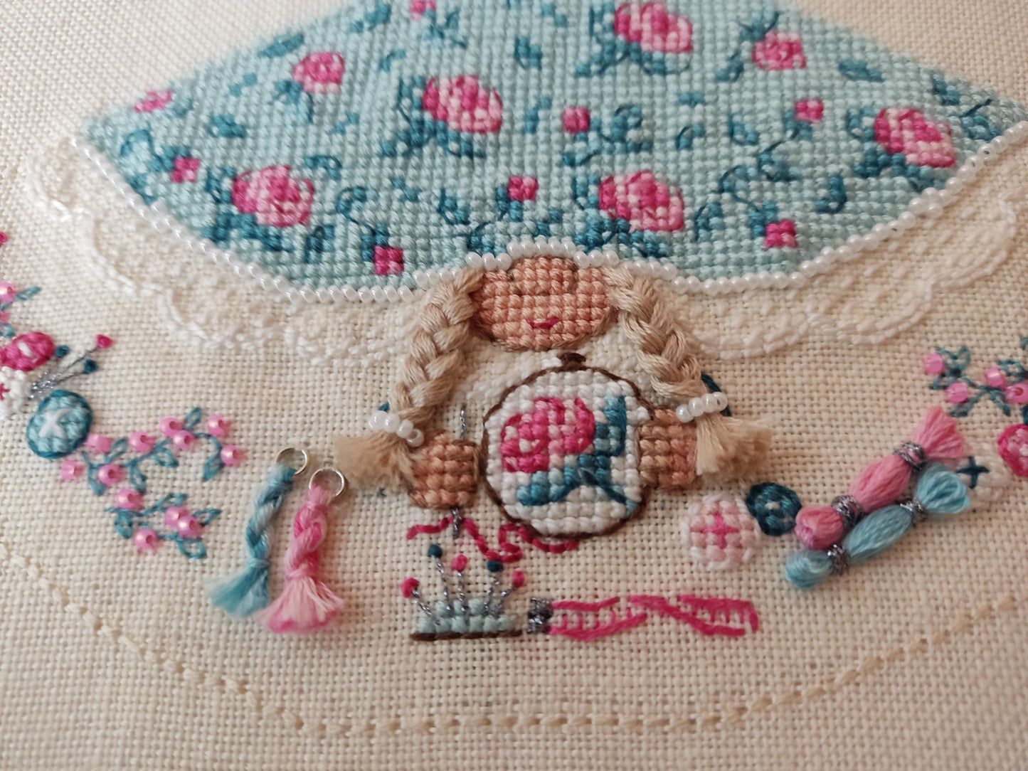 Counted Cross Stitch Kit – Gnome Mrs. Embroiderer Toy, Linen Fabric & Beads, DIY Embroidery
