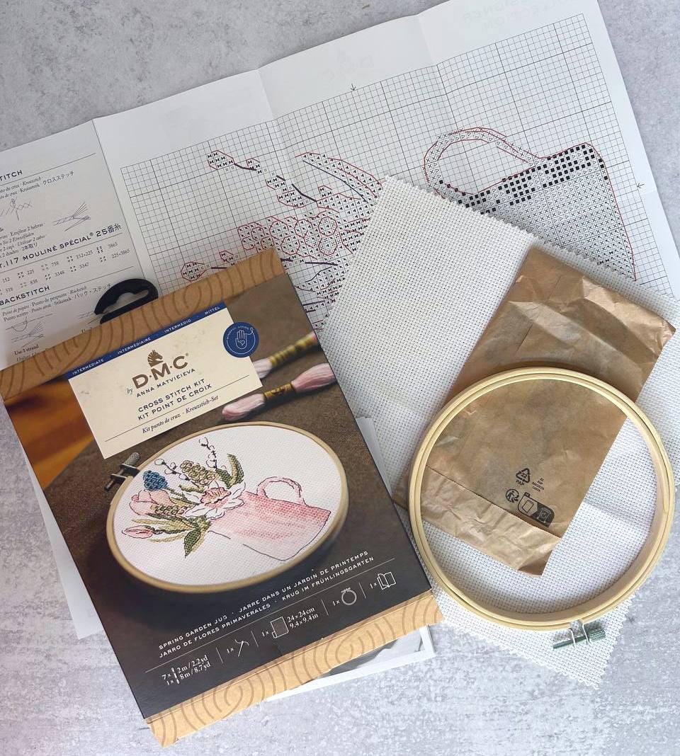 Spring Garden Cross Stitch Kit: Pink Floral Jug, 5.7" with Hoop, DMC, Aida 14