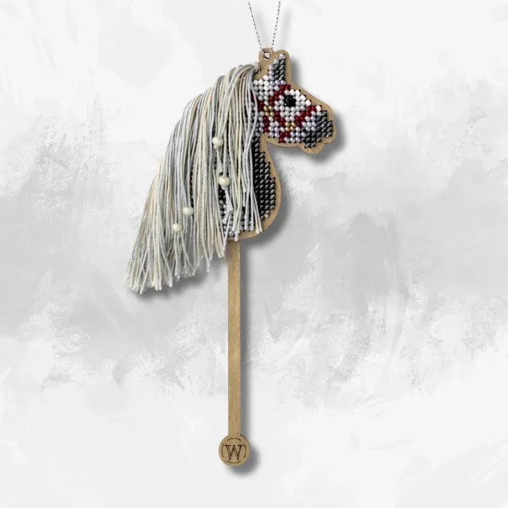 Bead Embroidery Kit on Wood, Bead Gray Horse, easy to make, LK-591