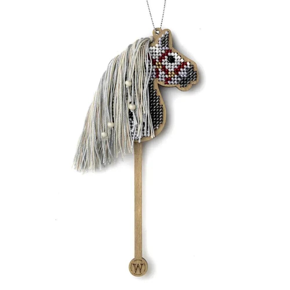 Bead Embroidery Kit on Wood, Bead Gray Horse, easy to make, LK-591