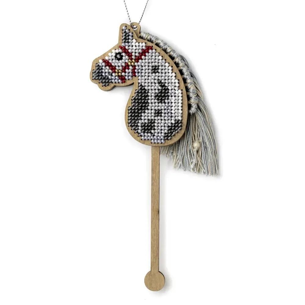 Bead Embroidery Kit on Wood, Bead Gray Horse, easy to make, LK-591