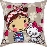 Needlepoint Pillow Kit: Girl and Kitten Design, Acrylic Yarn, 16″ Printed Canvas