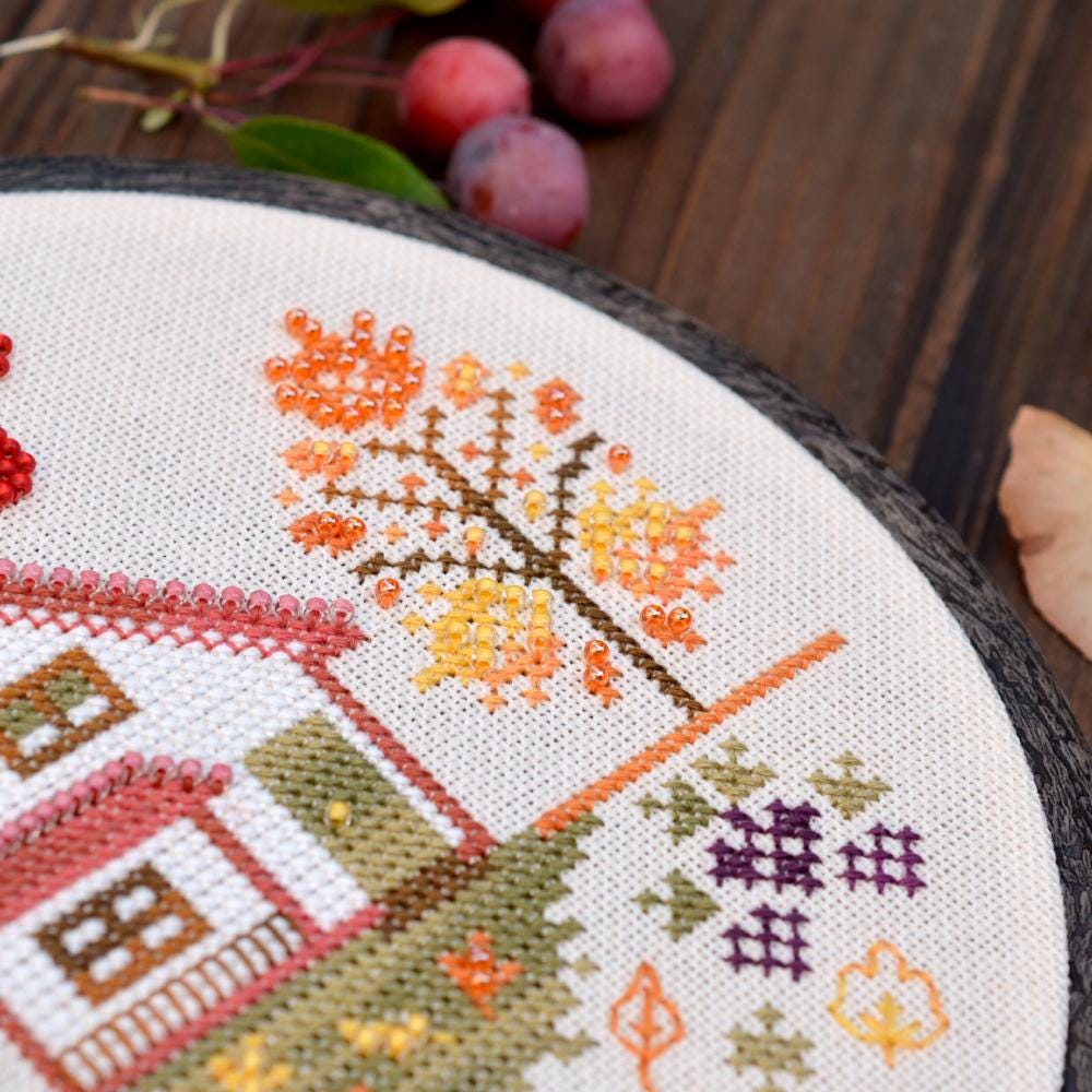 Autumn Cross Stitch Kit: Hand-Dyed Threads, Czech Beads, Nurge Hoop