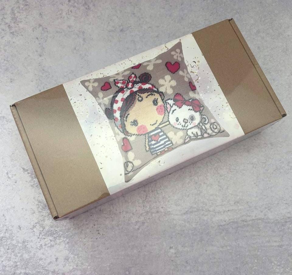 Needlepoint Pillow Kit: Girl and Kitten Design, Acrylic Yarn, 16″ Printed Canvas