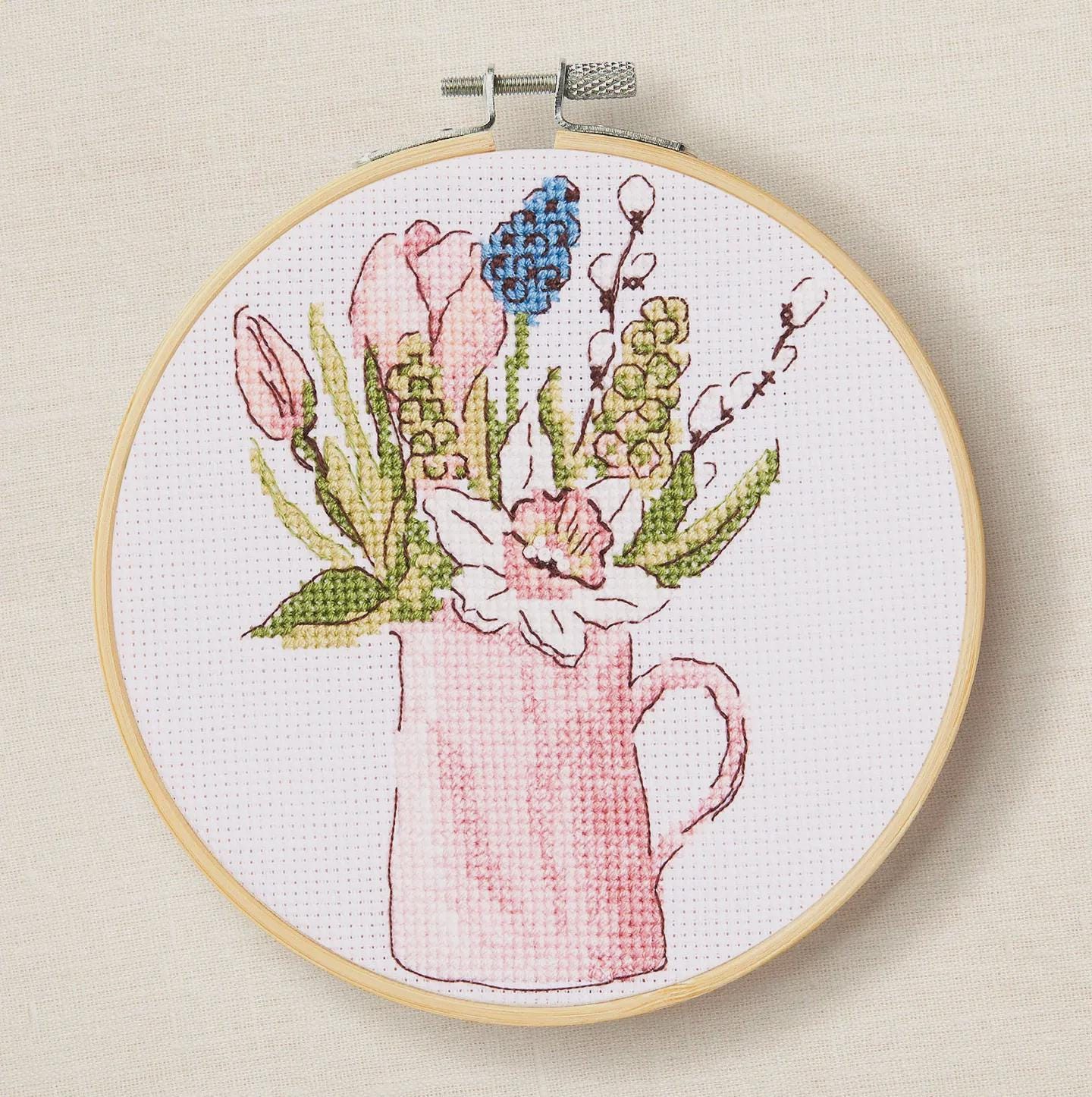 Spring Garden Cross Stitch Kit: Pink Floral Jug, 5.7" with Hoop, DMC, Aida 14