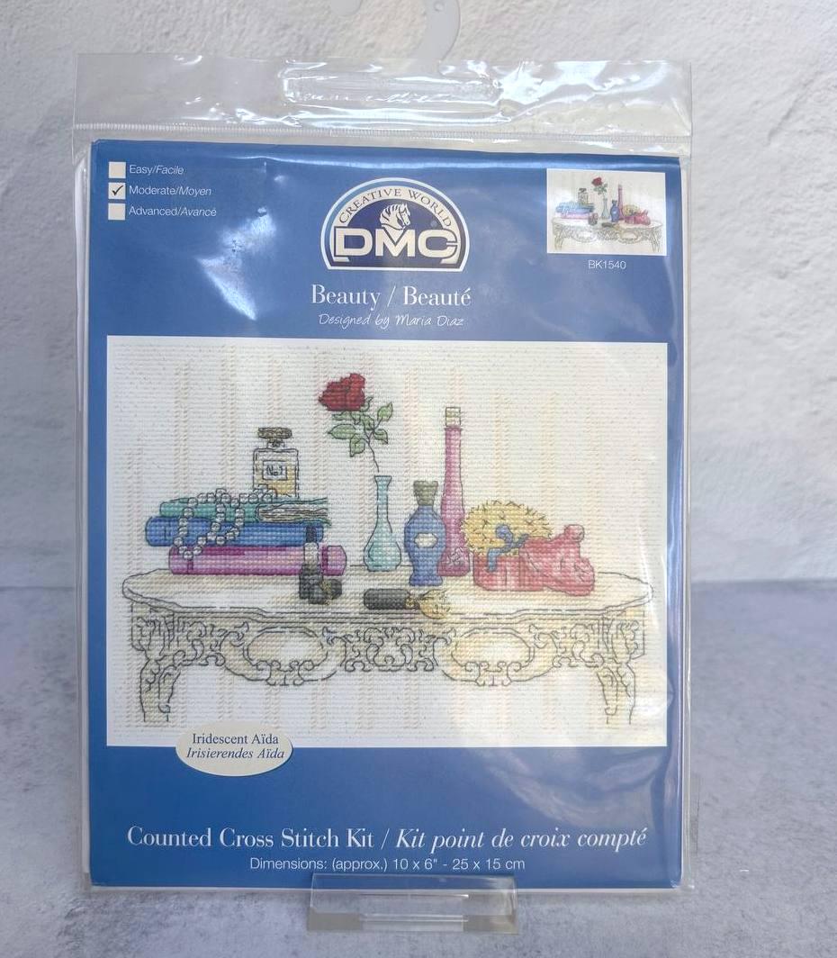 Vintage Vanity Cross Stitch Kit: Beauty, Pearlescent Aida, Maria Diaz DMC 10″×6″, BK1540