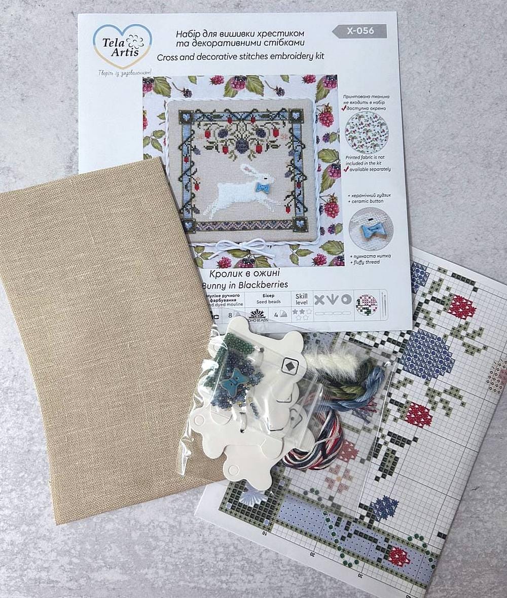 Cross Stitch Kit, "Rabbit in Blackberries " X-056, Hand-dyed Threads, TOHO Beads