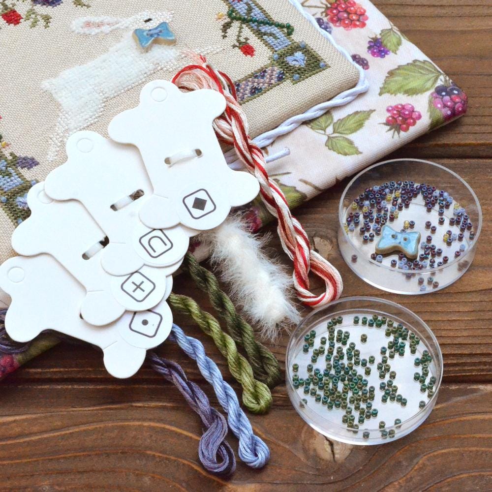 Cross Stitch Kit, "Rabbit in Blackberries " X-056, Hand-dyed Threads, TOHO Beads