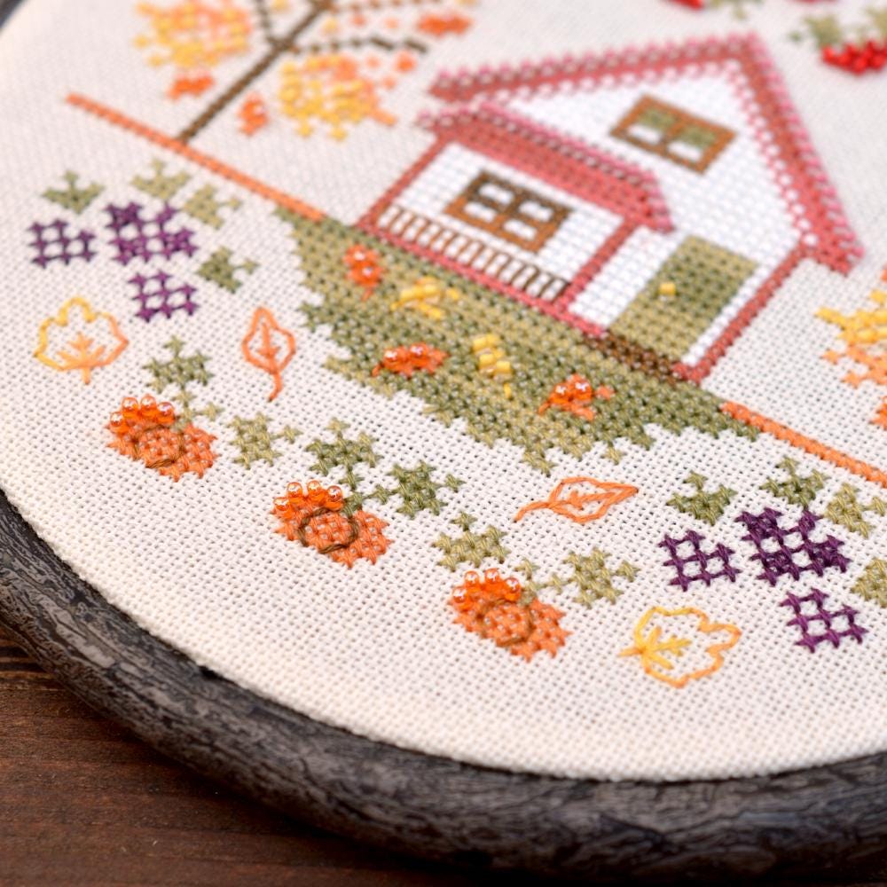 Autumn Cross Stitch Kit: Hand-Dyed Threads, Czech Beads, Nurge Hoop