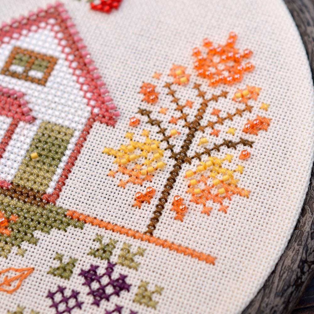 Autumn Cross Stitch Kit: Hand-Dyed Threads, Czech Beads, Nurge Hoop