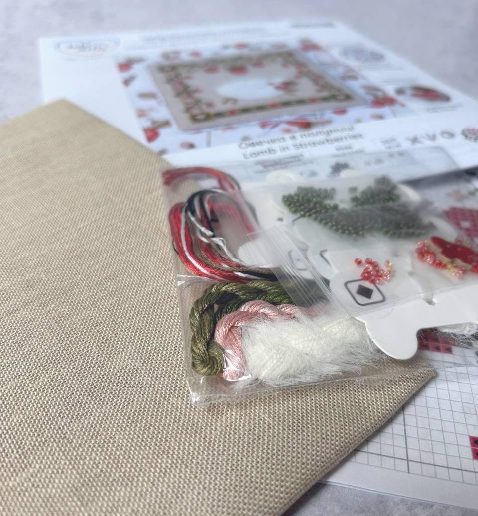 Counted Cross Stitch Kit "Strawberry Sheep", Hand-dyed Threads | TOHO Beads | Fuzzy Yarn | X-055