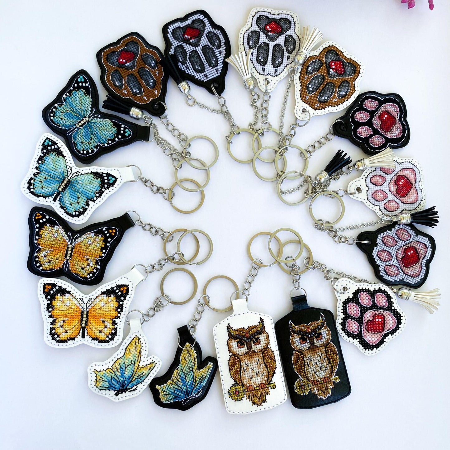 White Cat Paw on Black Embroidery Kit: DIY Keychain, Leatherette Base