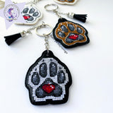 White dog paw on black Embroidery Kit: DIY Keychain, Leatherette Base