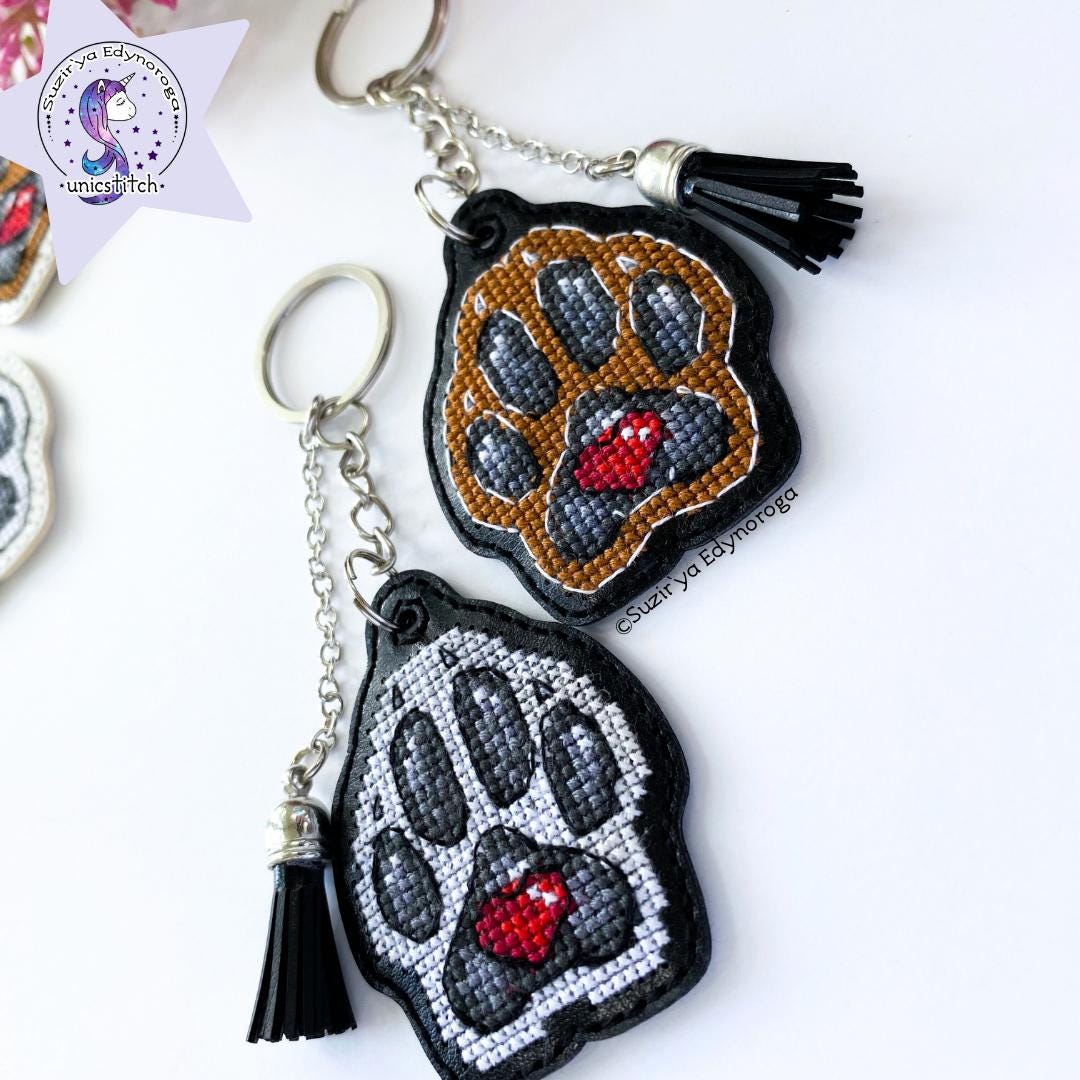 White dog paw on black Embroidery Kit: DIY Keychain, Leatherette Base