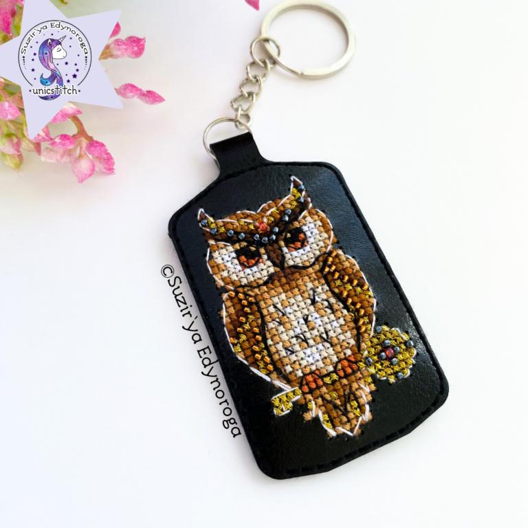Owl on black Embroidery Kit: DIY Keychain, Leatherette Base