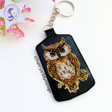 Owl on black Embroidery Kit: DIY Keychain, Leatherette Base