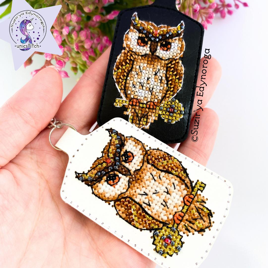 Owl on black Embroidery Kit: DIY Keychain, Leatherette Base
