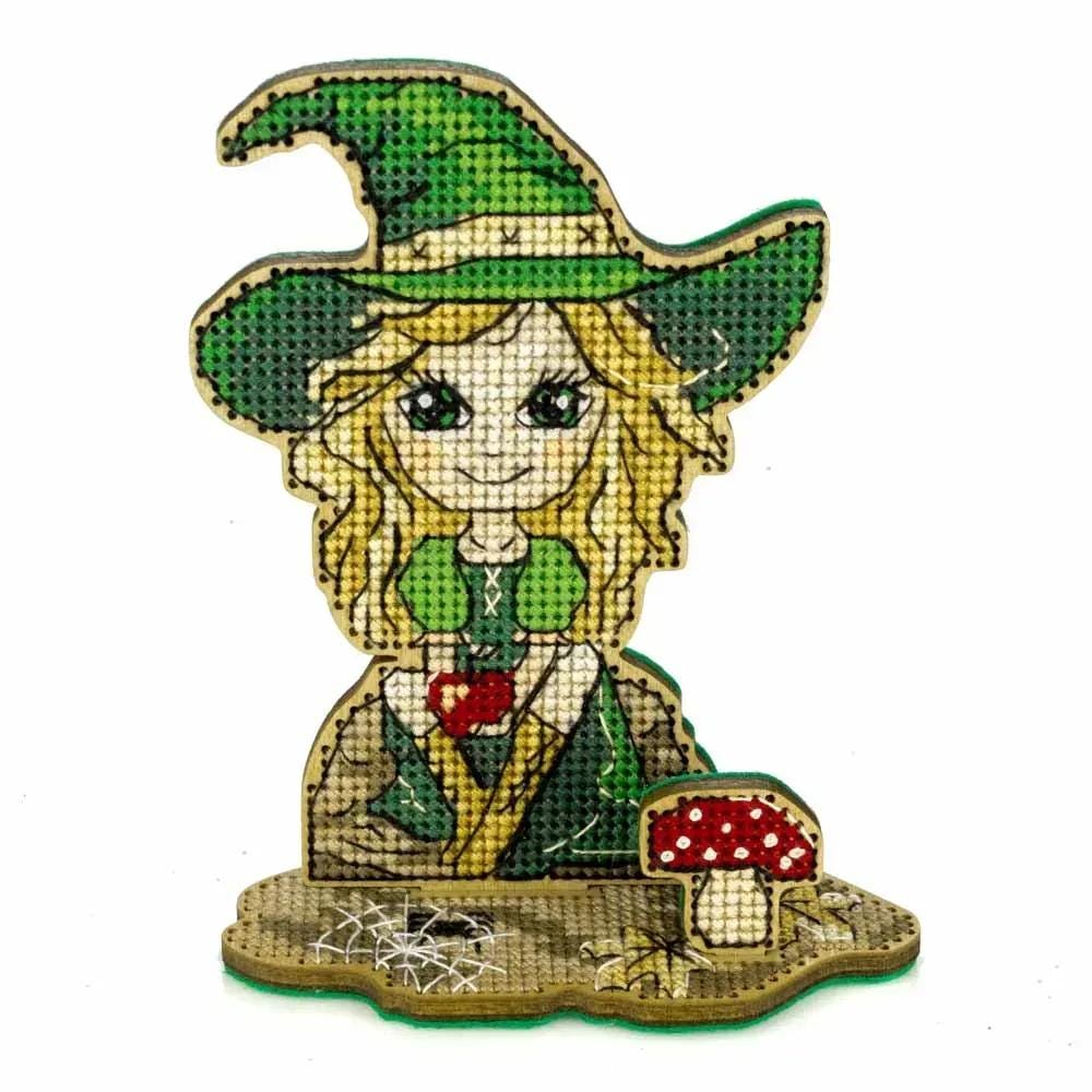 Halloween Cross Stitch Kit on wood: Small Witch in green