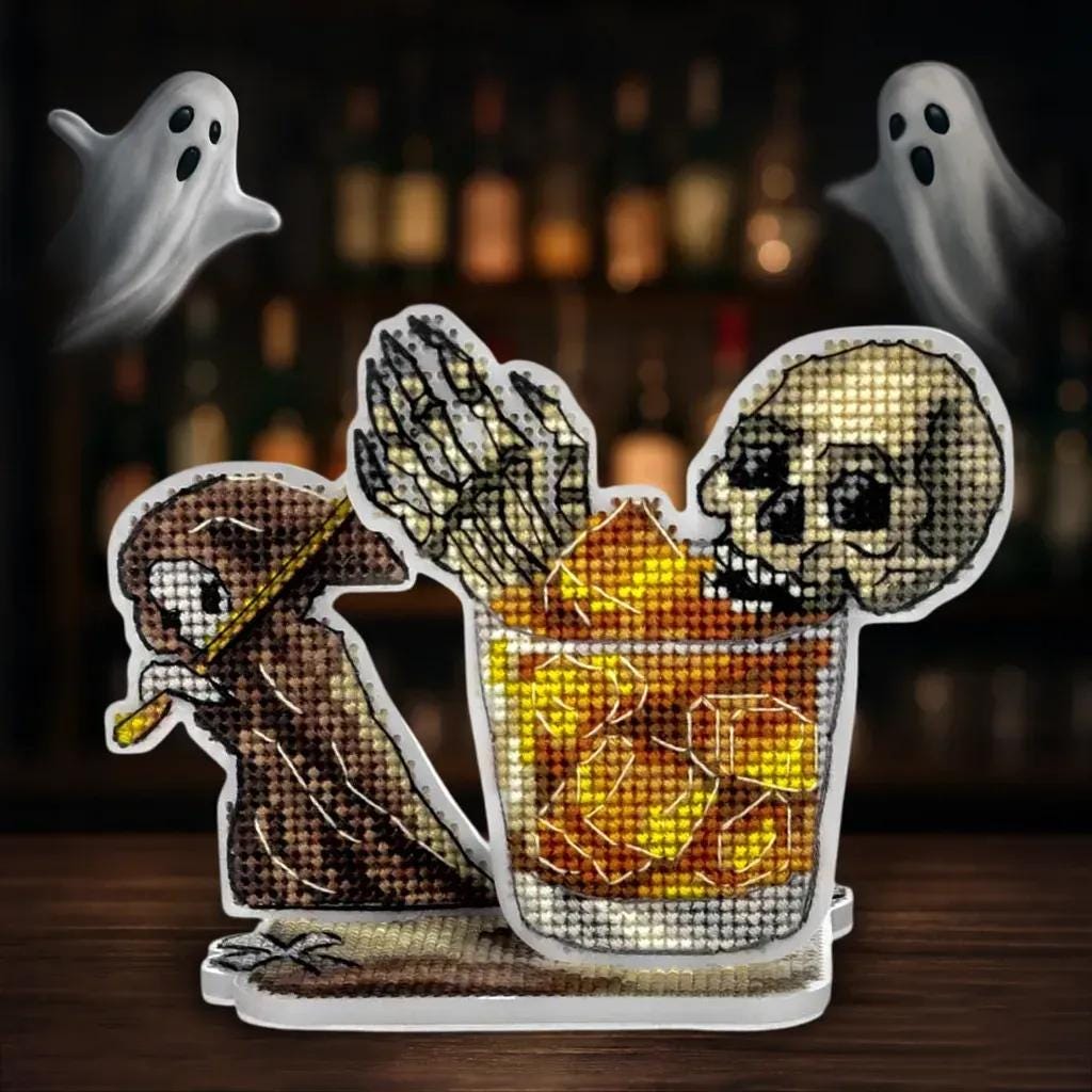 Counted Cross Stitch Kit on plastic base: Skull Cocktail Halloween style