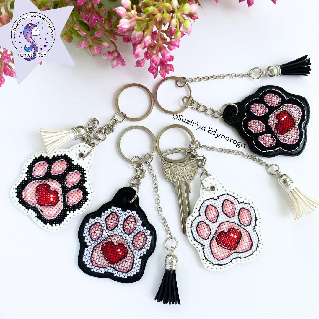 White Cat Paw on Black Embroidery Kit: DIY Keychain, Leatherette Base