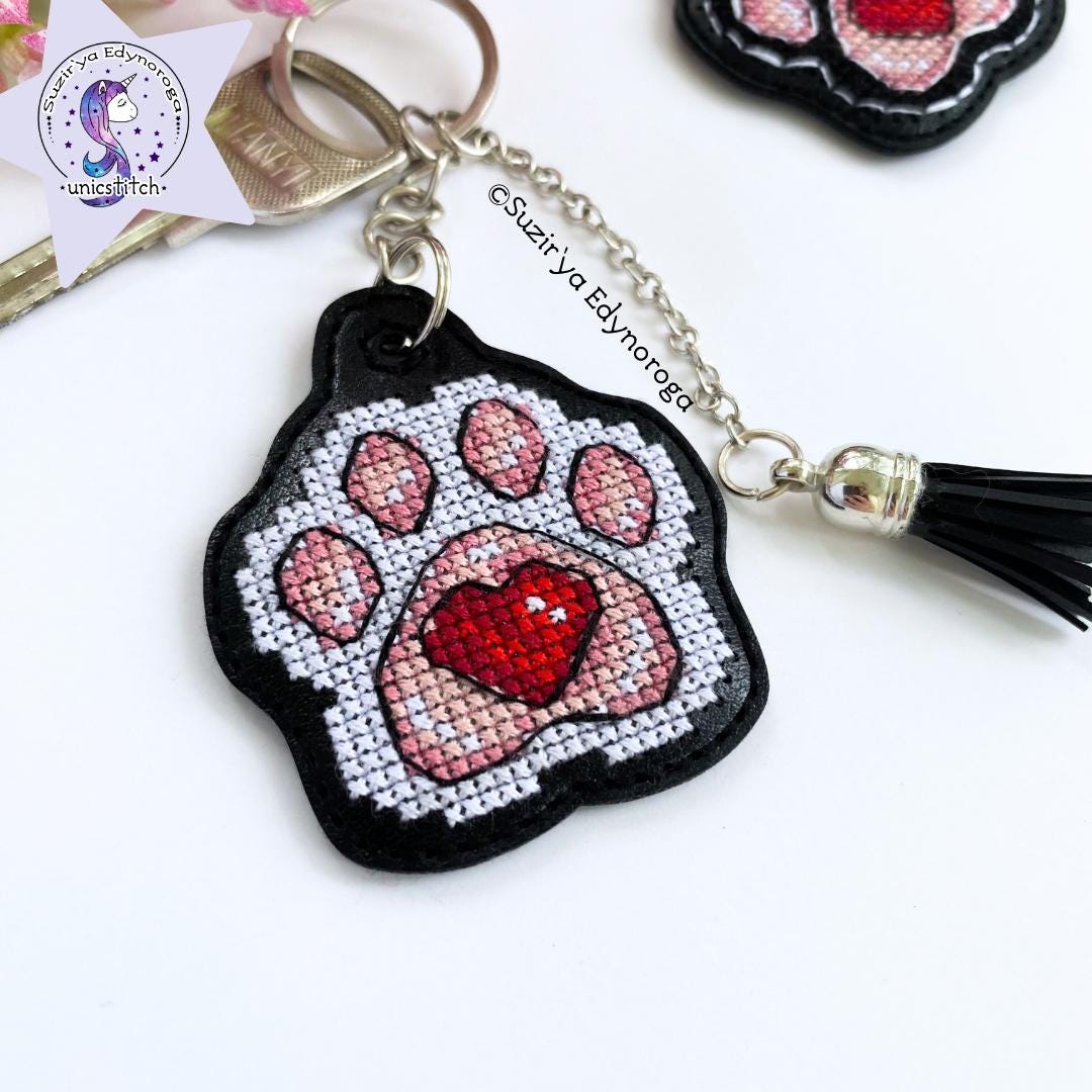 White Cat Paw on Black Embroidery Kit: DIY Keychain, Leatherette Base