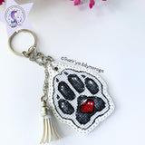 White dog paw on white Embroidery Kit: DIY Keychain, Leatherette Base