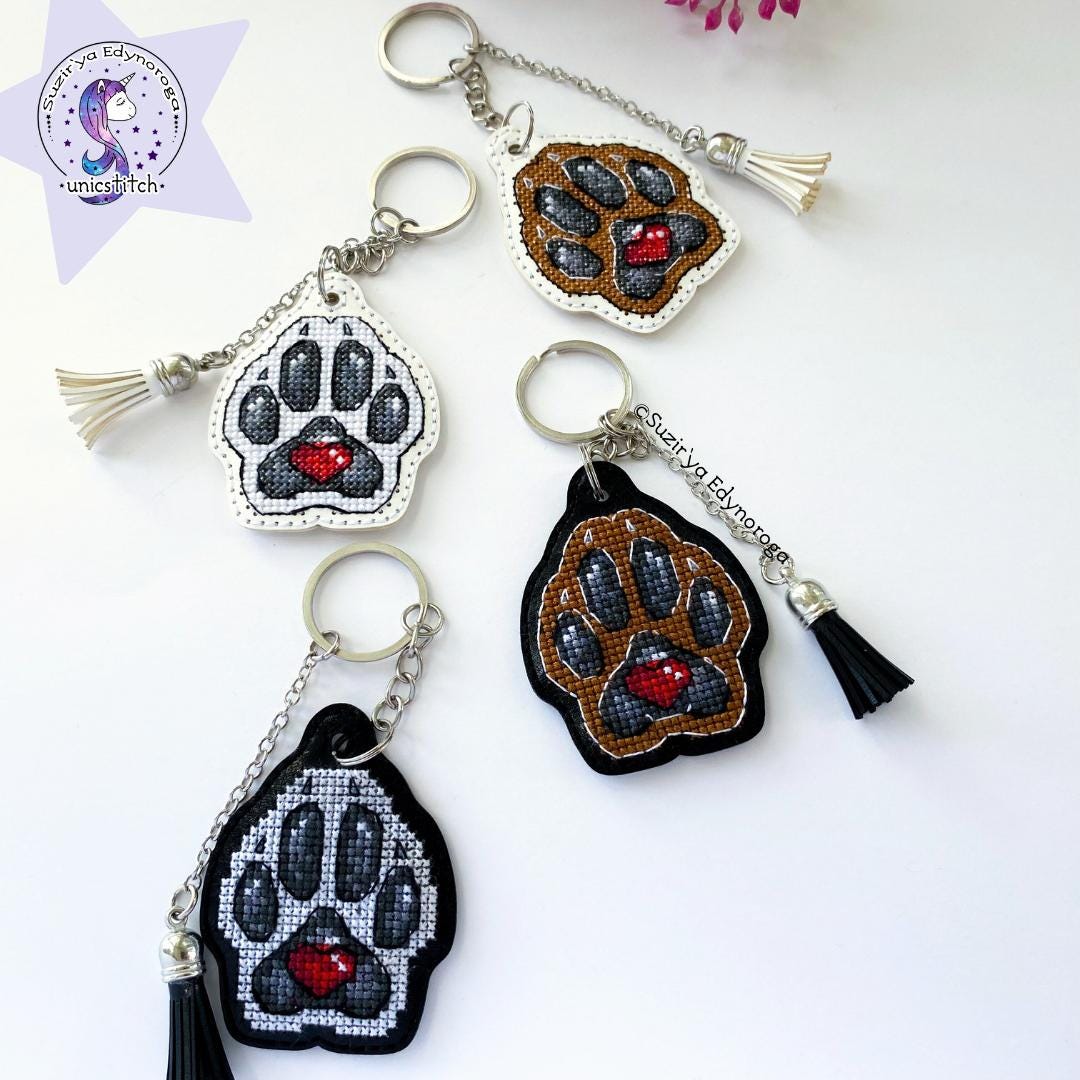 White dog paw on white Embroidery Kit: DIY Keychain, Leatherette Base