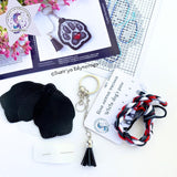 White dog paw on black Embroidery Kit: DIY Keychain, Leatherette Base