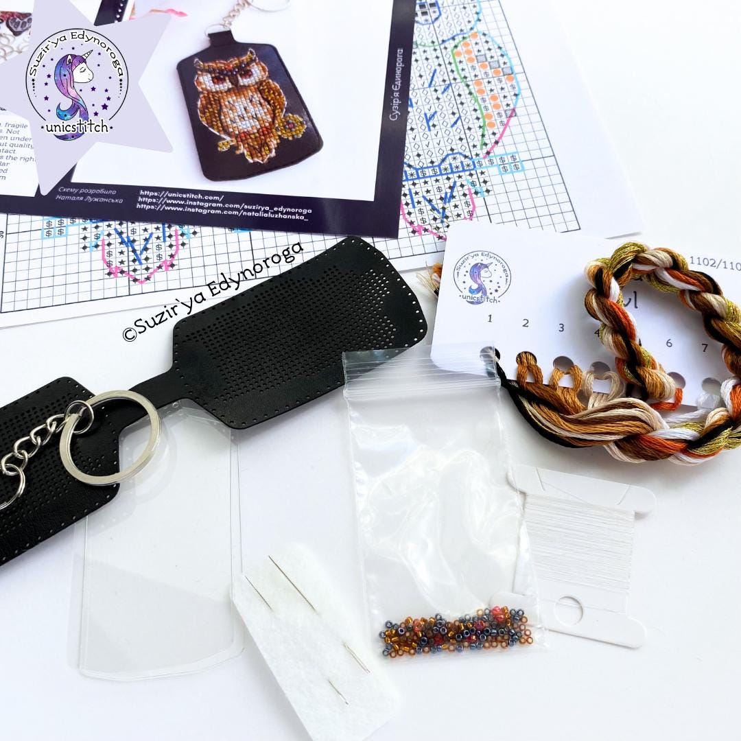 Owl on black Embroidery Kit: DIY Keychain, Leatherette Base