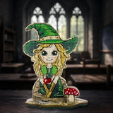 Halloween Cross Stitch Kit on wood: Small Witch in green