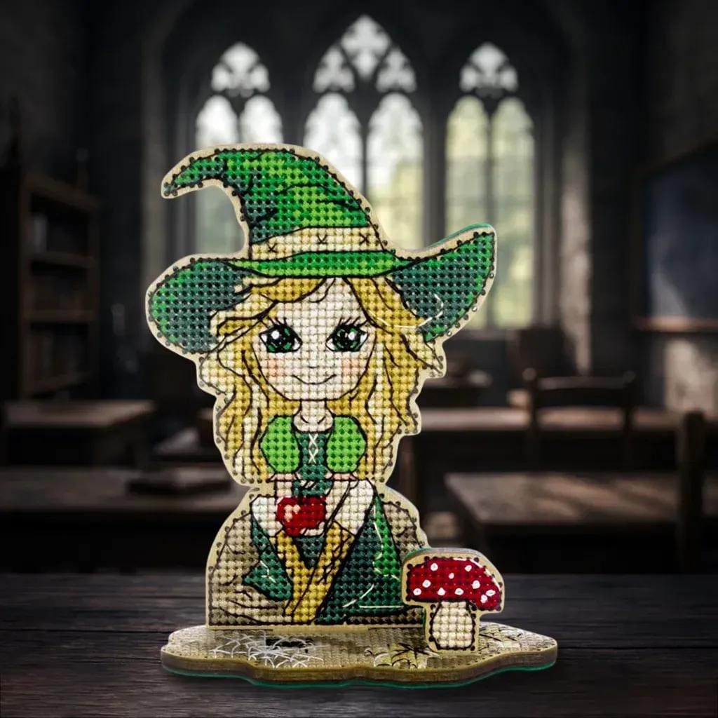 Halloween Cross Stitch Kit on wood: Small Witch in green
