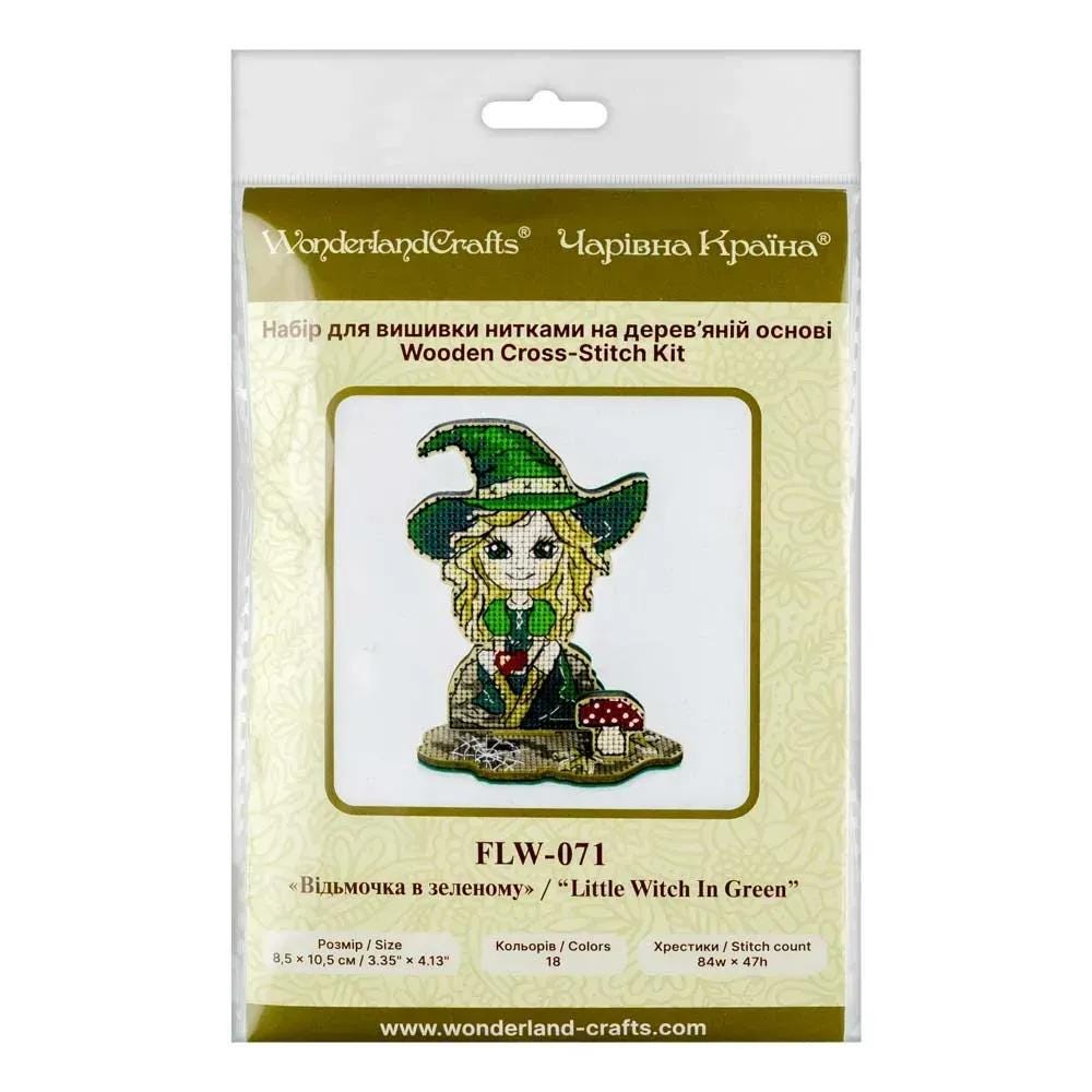 Halloween Cross Stitch Kit on wood: Small Witch in green