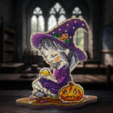 Halloween Cross Stitch Kit on wood: Little Witch in Purple