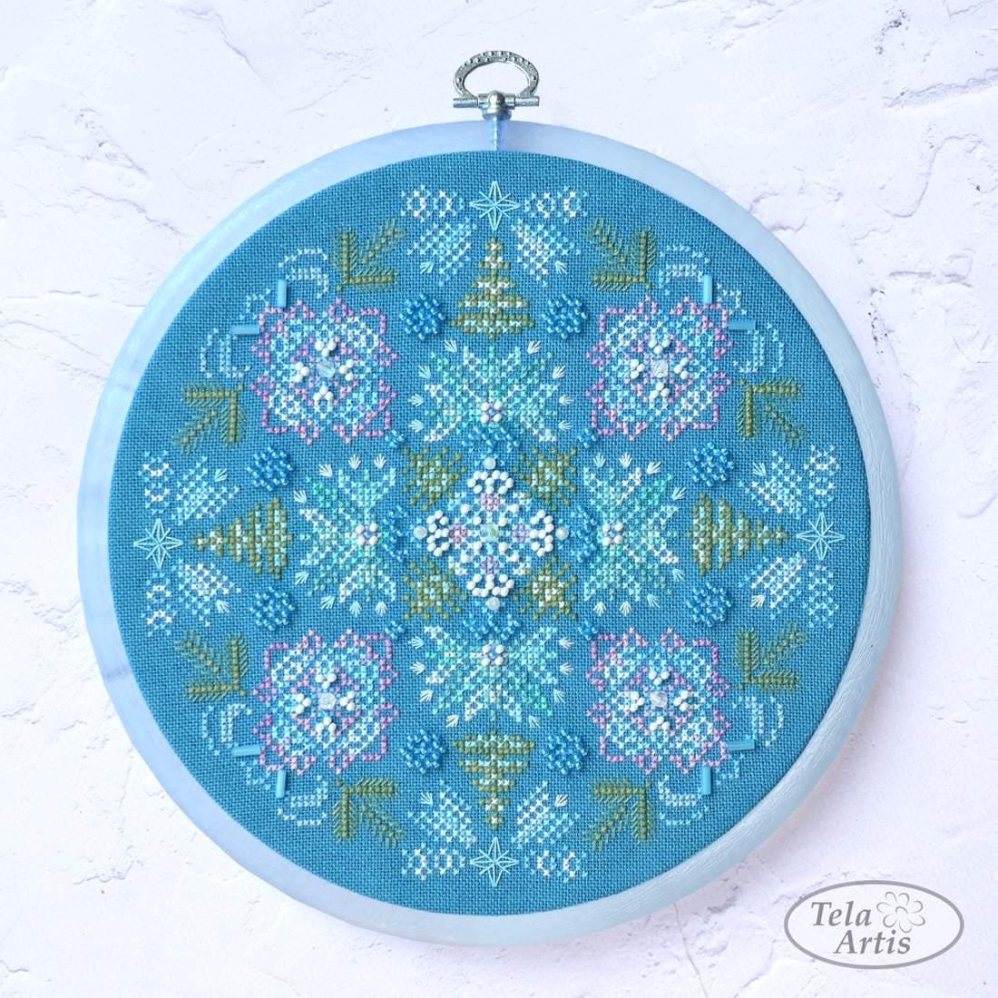 Winter mandala Cross Stitch Kit, Hand-Dyed Threads, Beads, Murano 32ct fabric