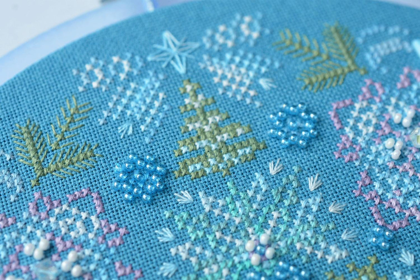 Winter mandala Cross Stitch Kit, Hand-Dyed Threads, Beads, Murano 32ct fabric