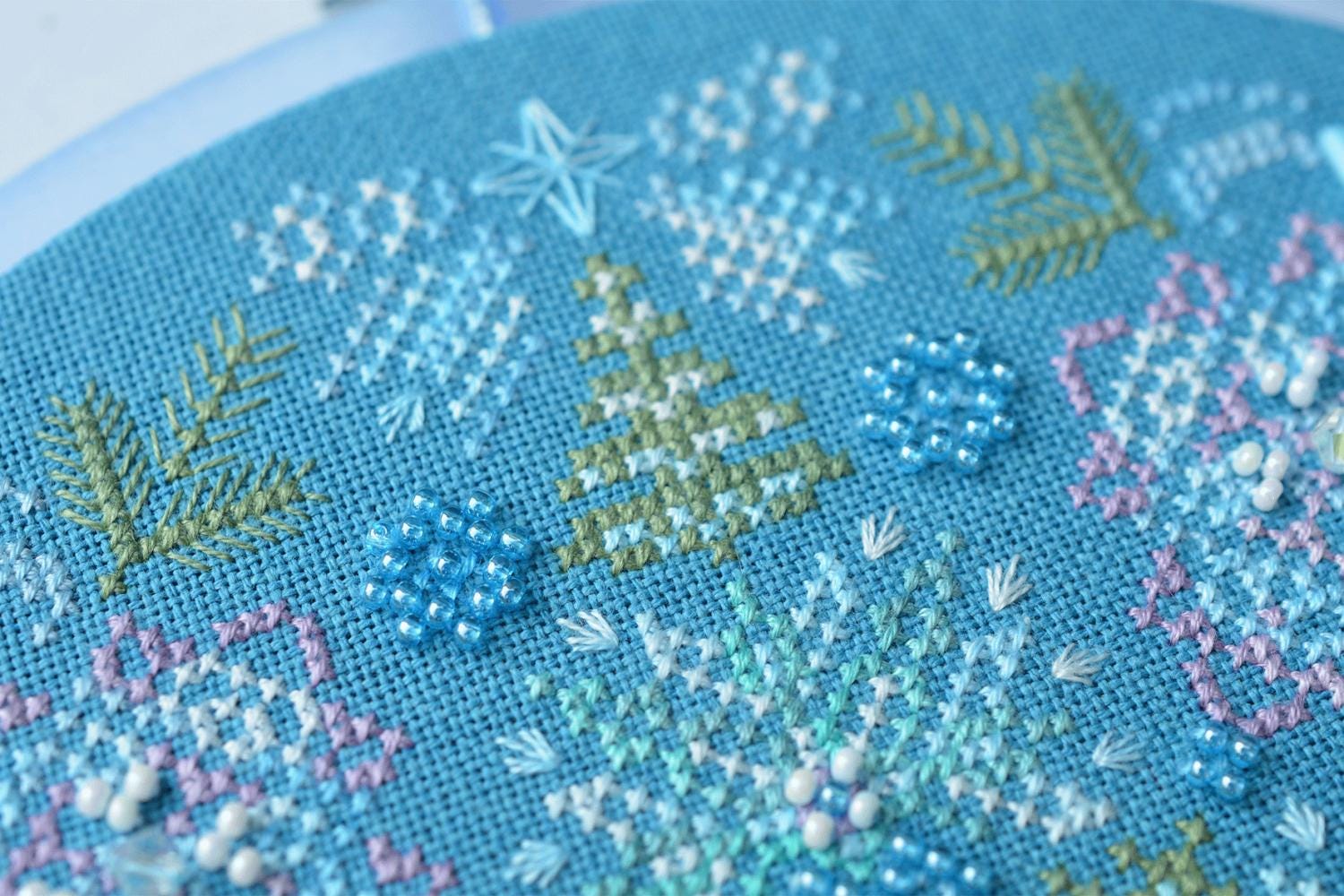 Winter mandala Cross Stitch Kit, Hand-Dyed Threads, Beads, Murano 32ct fabric
