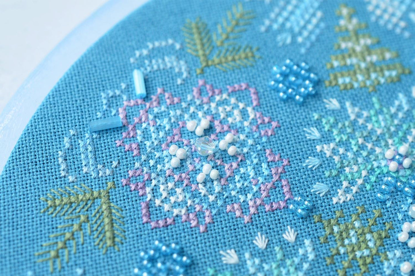 Winter mandala Cross Stitch Kit, Hand-Dyed Threads, Beads, Murano 32ct fabric