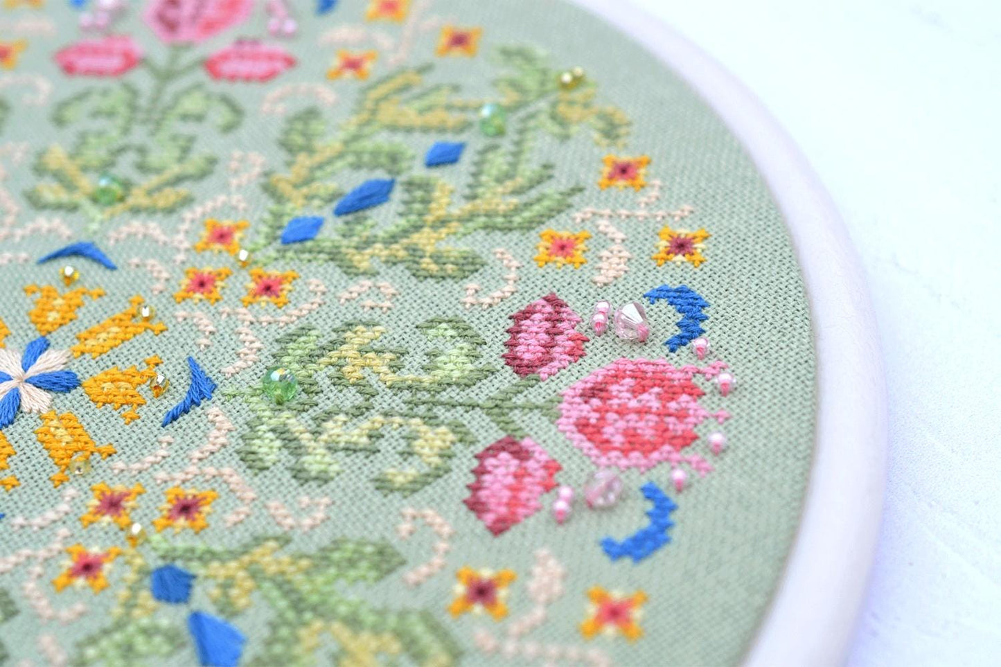 Flower mandala Cross Stitch Kit, Hand-Dyed Threads, Beads, Murano 32ct fabric