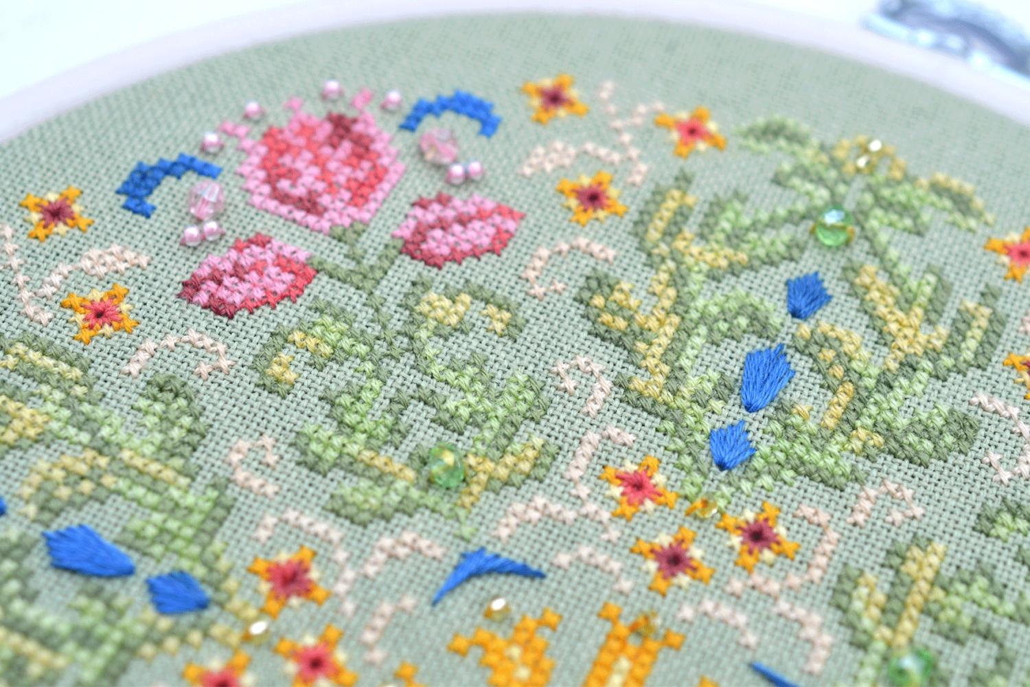 Flower mandala Cross Stitch Kit, Hand-Dyed Threads, Beads, Murano 32ct fabric