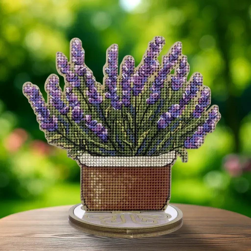 Cross Stitch Kit on wood: Lavender Pot