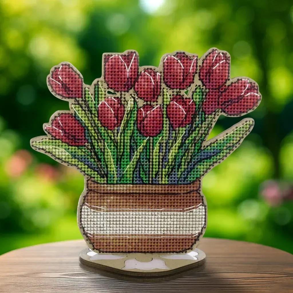 Cross Stitch Kit on wood: Pot of tulips