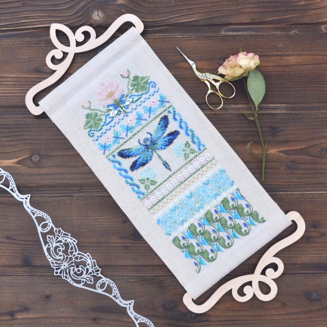 Dragonfly Cross Stitch Sampler Kit: Tela Artis Hand-Dyed DMC, Evenweave Fabric