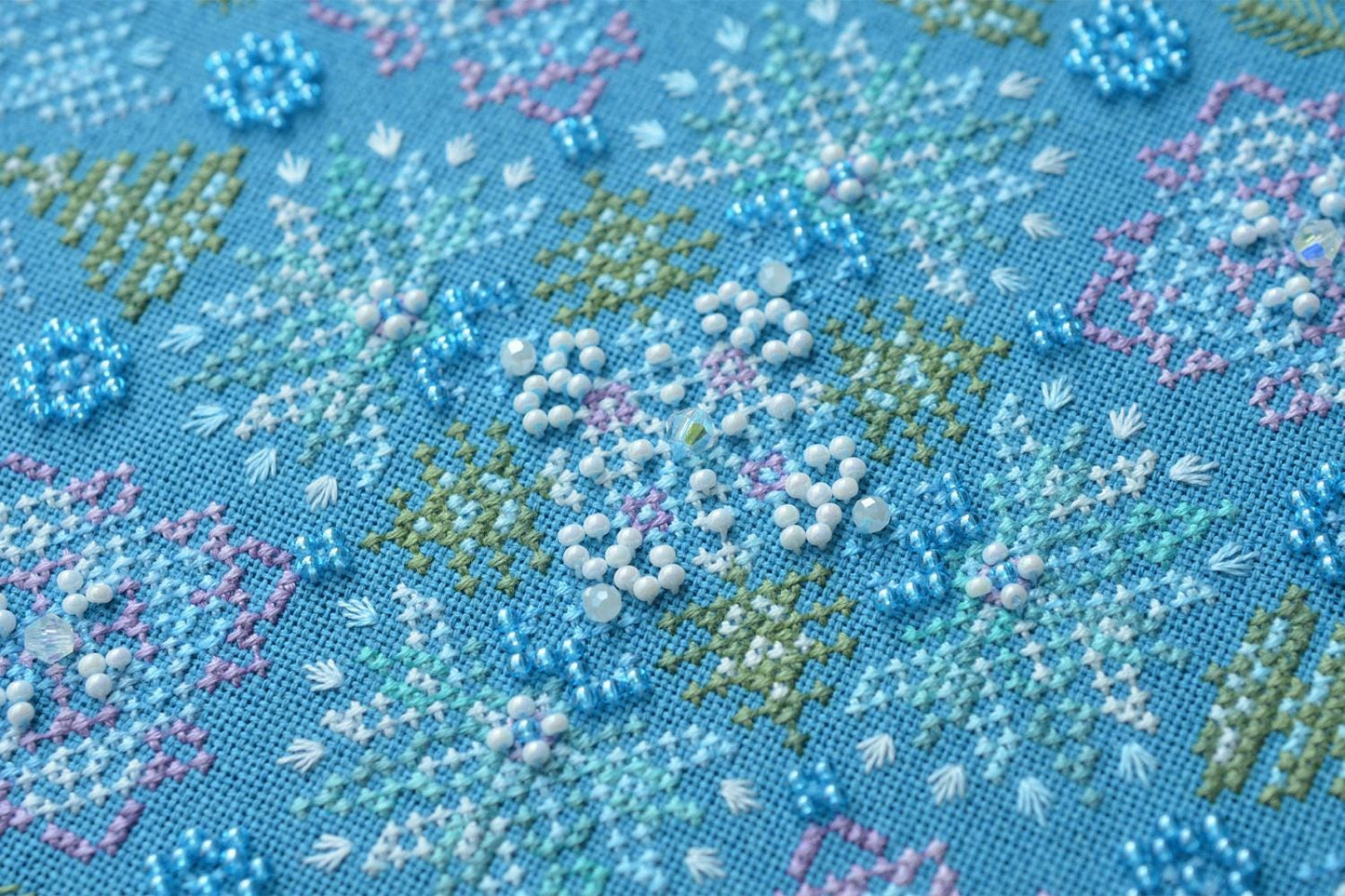 Winter mandala Cross Stitch Kit, Hand-Dyed Threads, Beads, Murano 32ct fabric