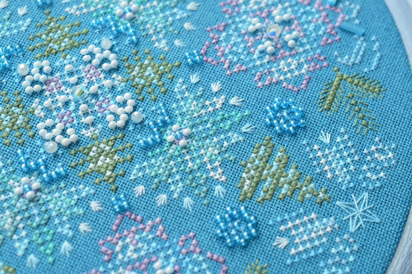 Winter mandala Cross Stitch Kit, Hand-Dyed Threads, Beads, Murano 32ct fabric