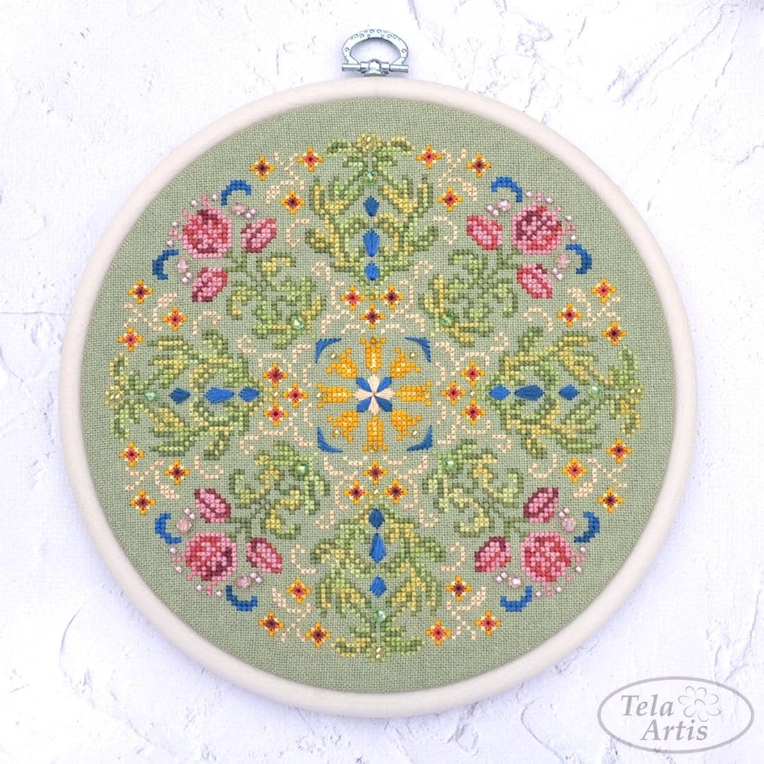 Flower mandala Cross Stitch Kit, Hand-Dyed Threads, Beads, Murano 32ct fabric