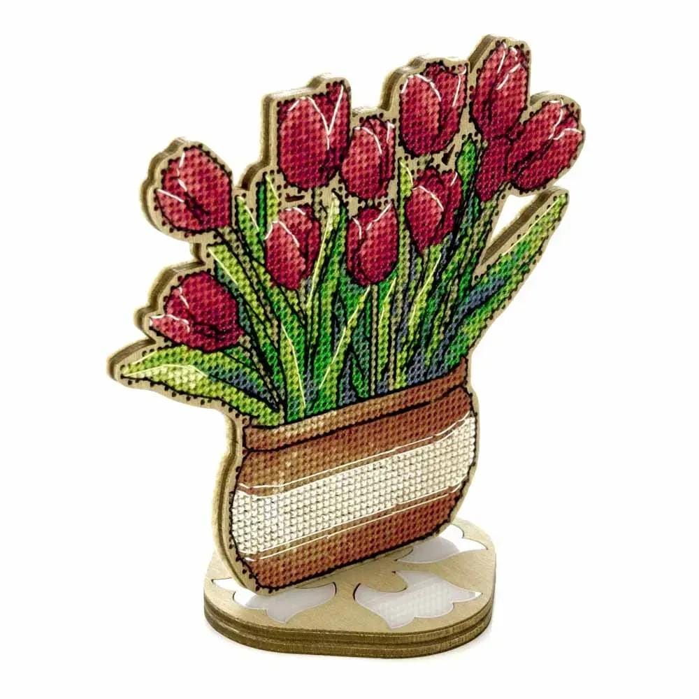 Cross Stitch Kit on wood: Pot of tulips