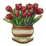 Cross Stitch Kit on wood: Pot of tulips