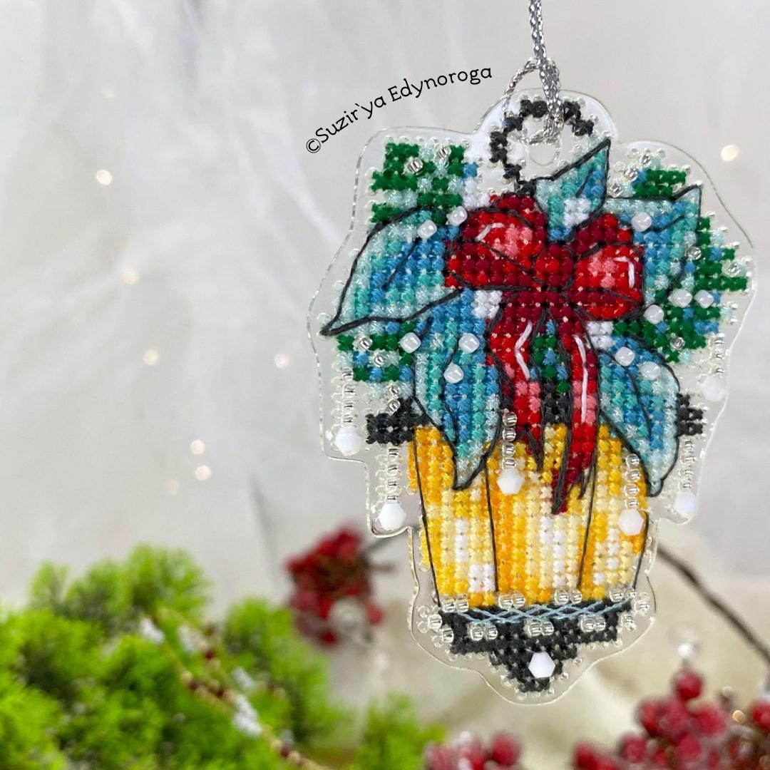 Christmas Lantern, Cross Stitch Kit, Unic, set with threads, beads and decorative crystals.
