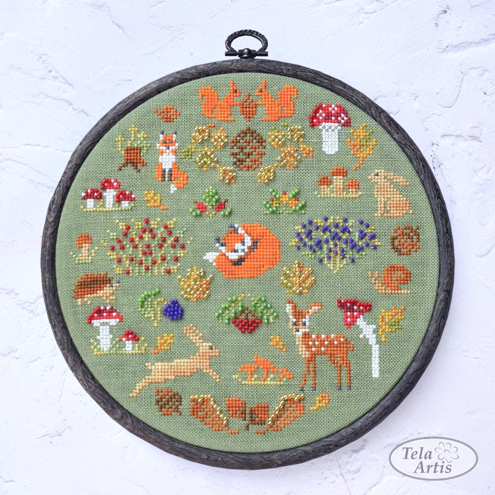 Forest Friends Cross Stitch Kit, Hand-Dyed Threads, Beads, Belfast 32ct fabric