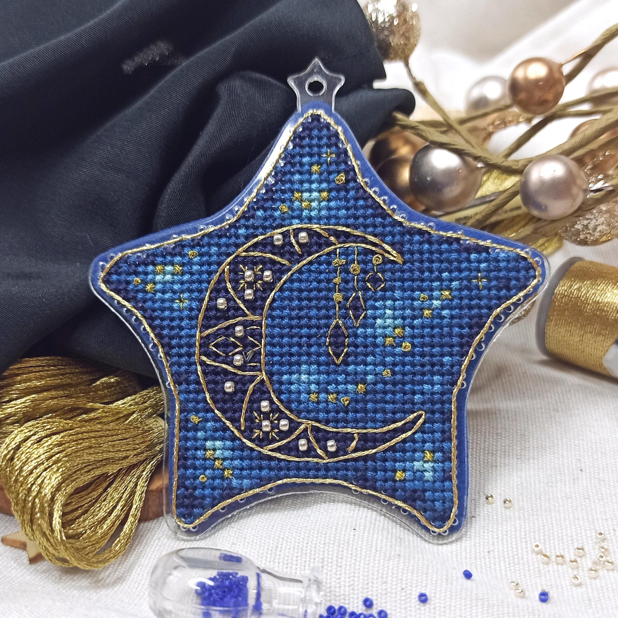 Cross Stitch kit Moon Star on plastic base, threads, beads